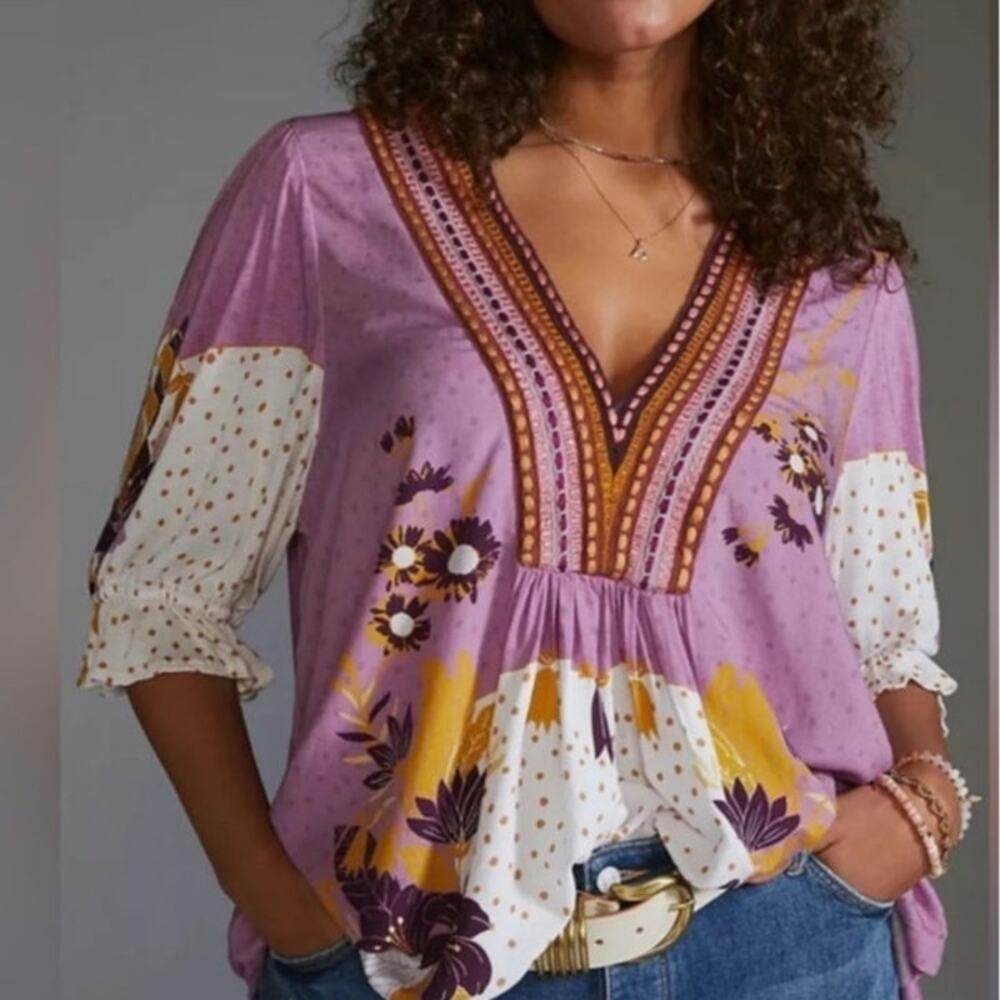 Anthropologie Maeve Floral Blouse Purple Boho Embroidered V Neck 3/4 Sleeve